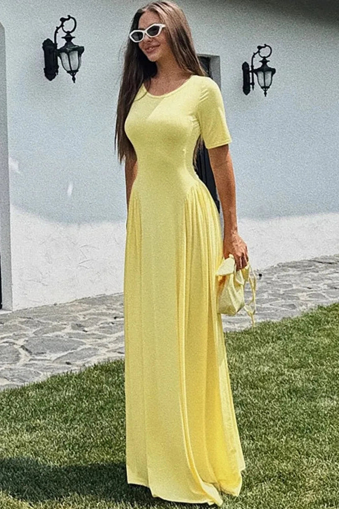 Glorol - Short Sleeve O Neck High Waist Pleated Maxi Dress