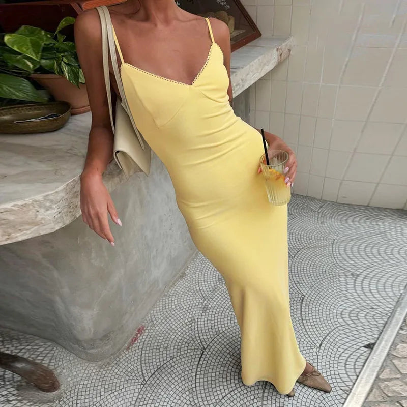 Spaghetti Strap V Neck Backless Slim Maxi Dress