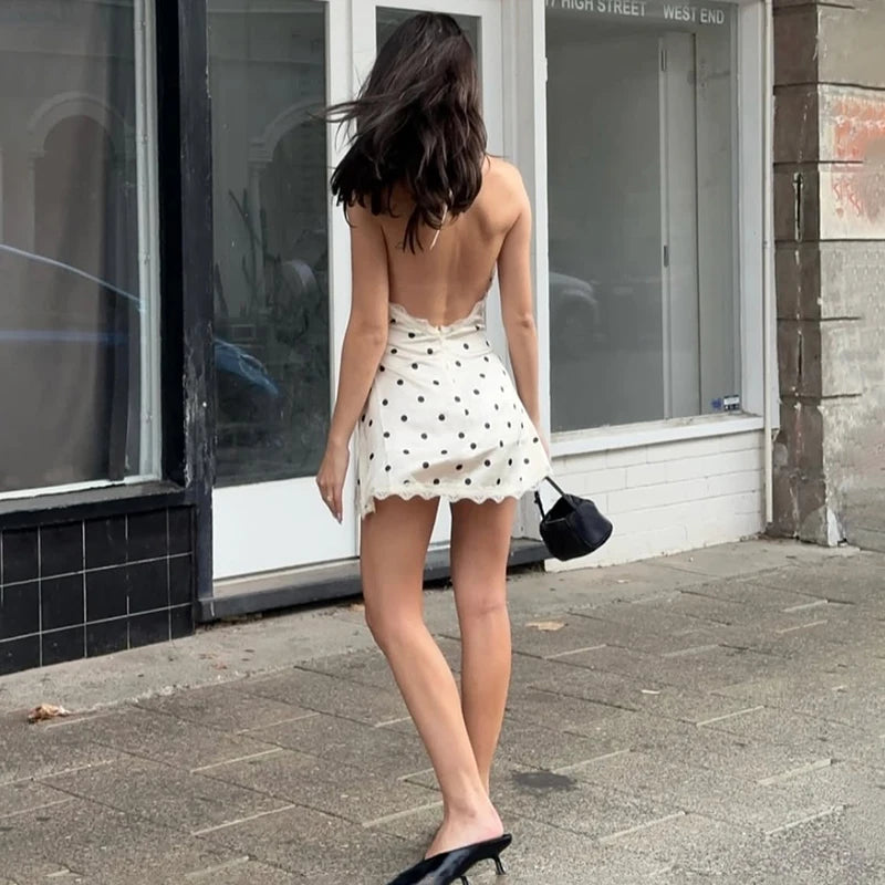Glorol - Polka Dot Lace Sleeveless Backless Mini Dress