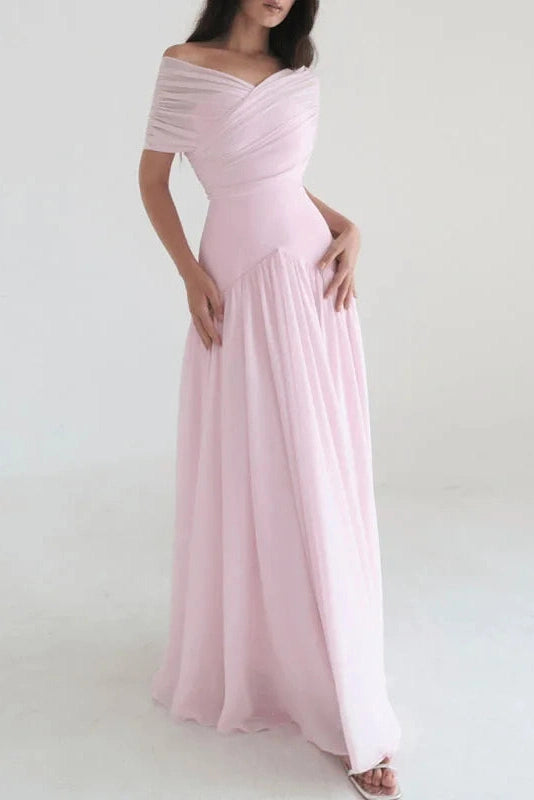 Glorol - Off Shoulder High Waist Pleated Maxi Dress