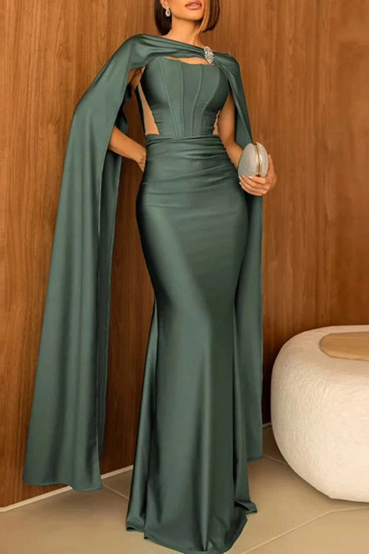 Glorol - Hollow Out Shawl Long Sleeve High Waist Pleated Maxi Dress
