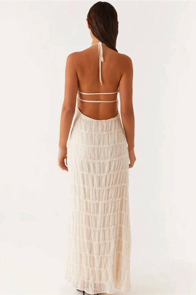 Glorol - Backless Lace-up Sleeveless Pleated Maxi Dress