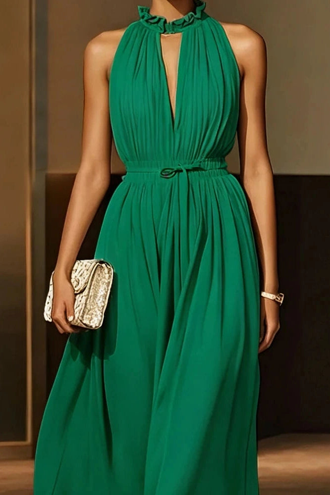 Glorol - Elegant Off-Shoulder Sleeveless High Waist Backless Pleated Midi Dress