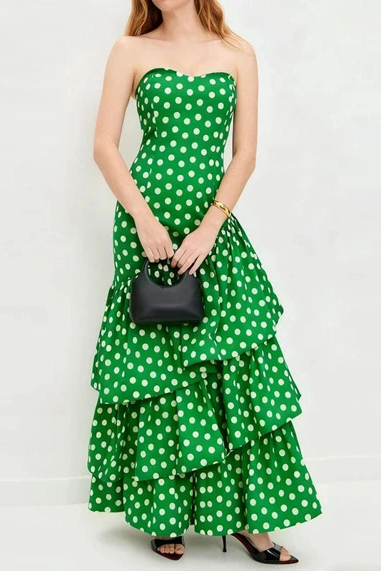 Glorol - Elegant Off Shoulder High Waist Polka Dot Print Maxi Dress