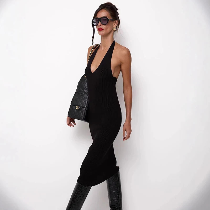 Glorol - Knitted V-Neck Sleeveless Slim Midi Dress