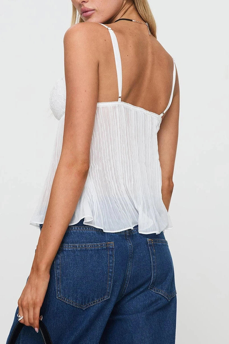 Glorol - Pleated Spaghetti Strap V-Neck Lace Top
