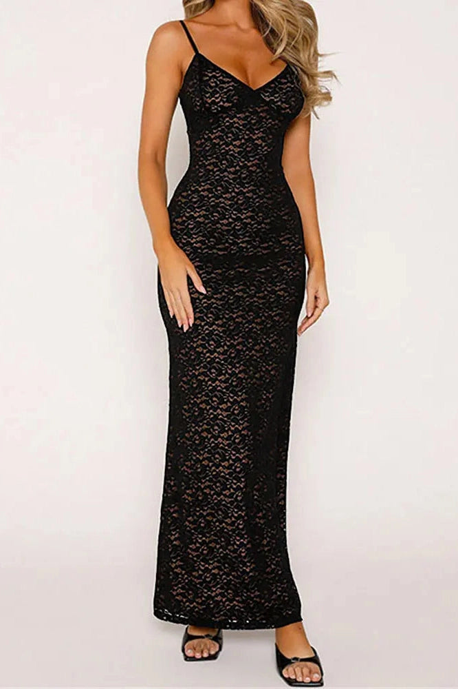 Glorol - Lace Hollow Out Backless Slim V-Neck Maxi Dress