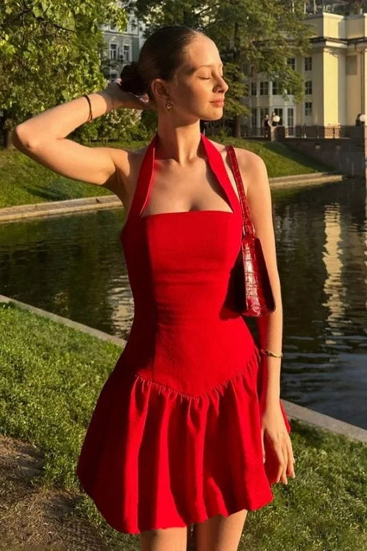 Glorol - Pleated A-Line Slim Fit High Waisted Patchwork Mini Dress