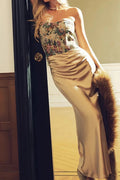 Glorol - Printed Slim Pleated Strapless Off Shoulder Maxi Dress