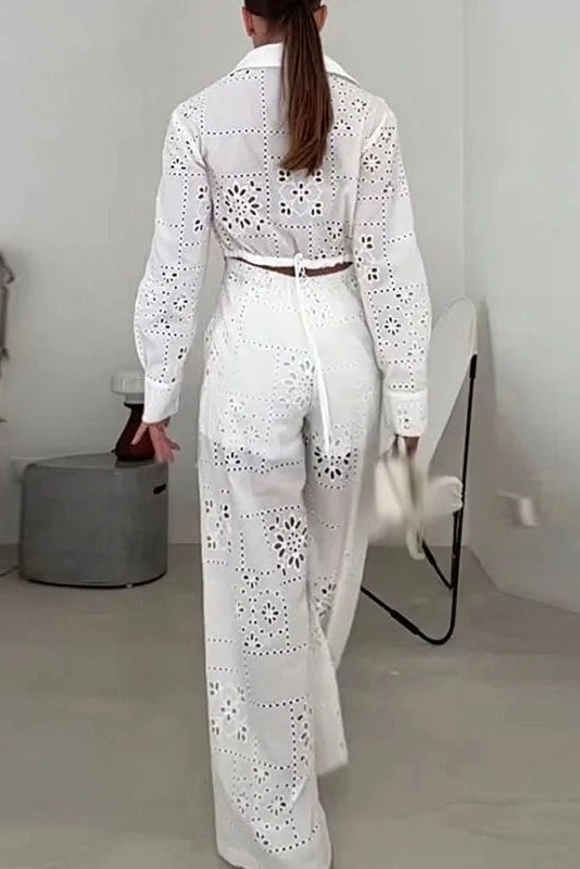 Glorol - High Waist Lace Hollow Out Wide Leg Jumpsuit