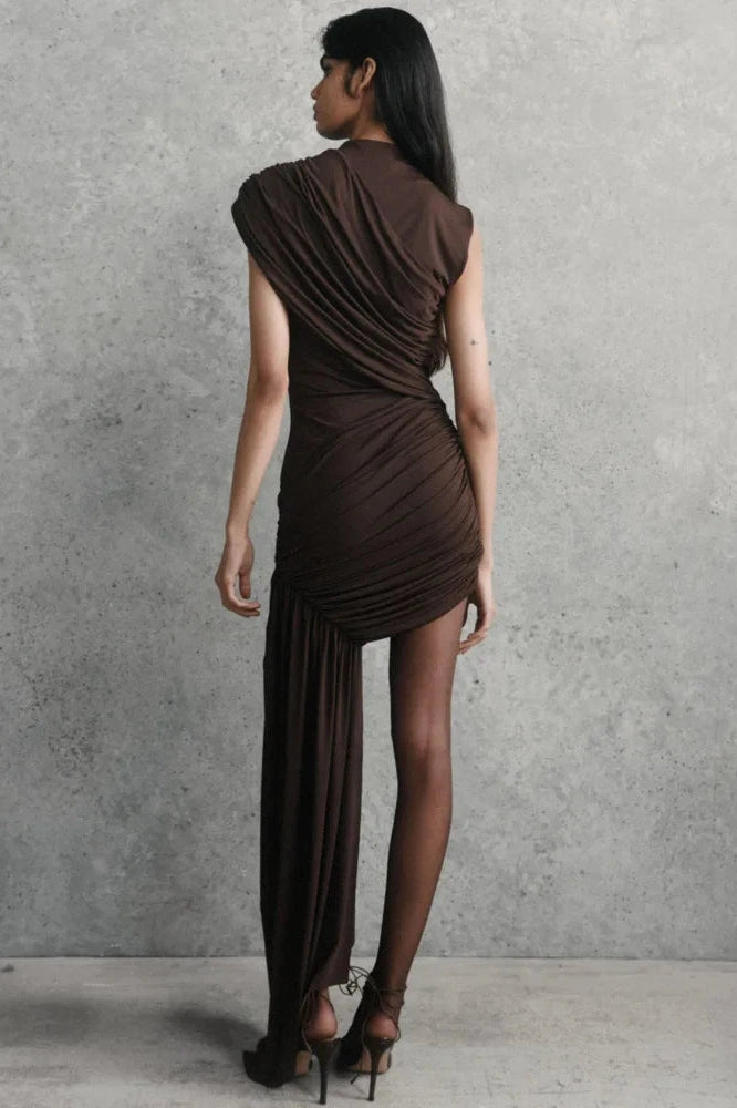 Glorol - Turtleneck Sleeveless High Waist Pleated Irregular Mini Dress