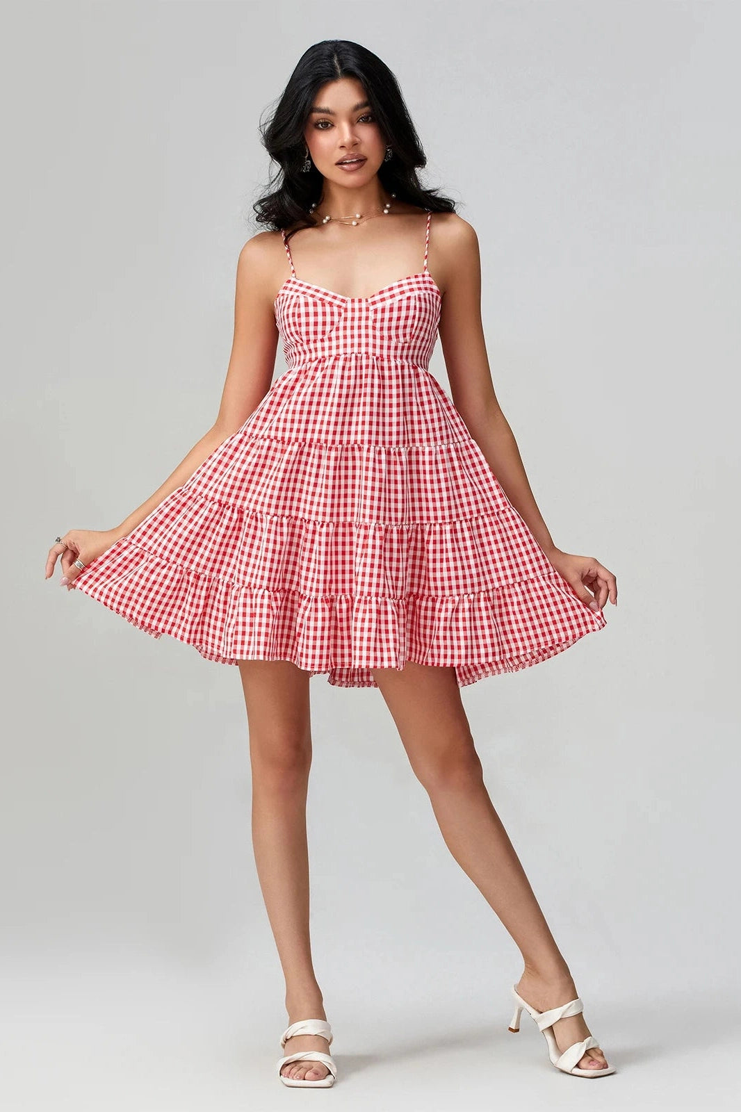 Glorol - Spaghetti Strap Plaid Mini Dress