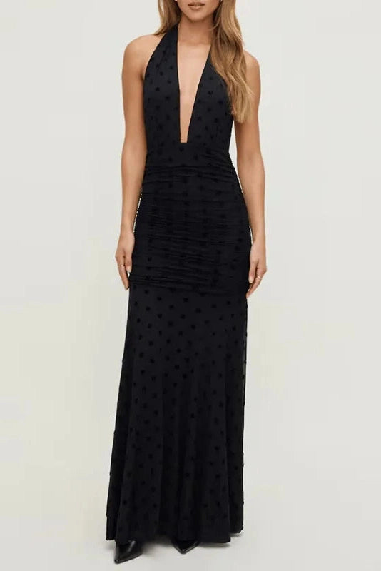 Glorol - Hollow Out Backless Sleeveless Slim Deep V-Neck Printed Maxi Dress