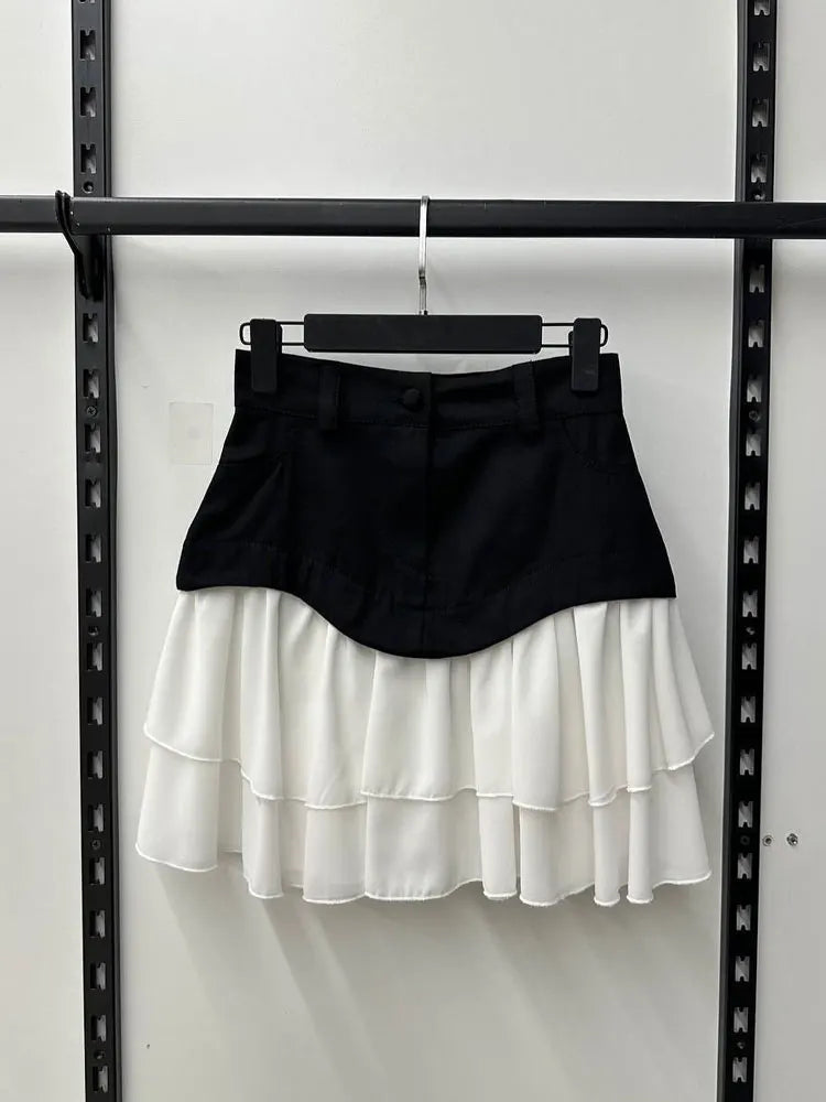 Glorol - High Waist Contrast Patchwork Pleated Skirt