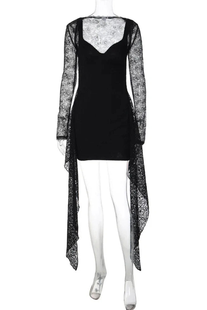 Glorol - Lace See Through Square Collar Backless Long Sleeve Mini Dress
