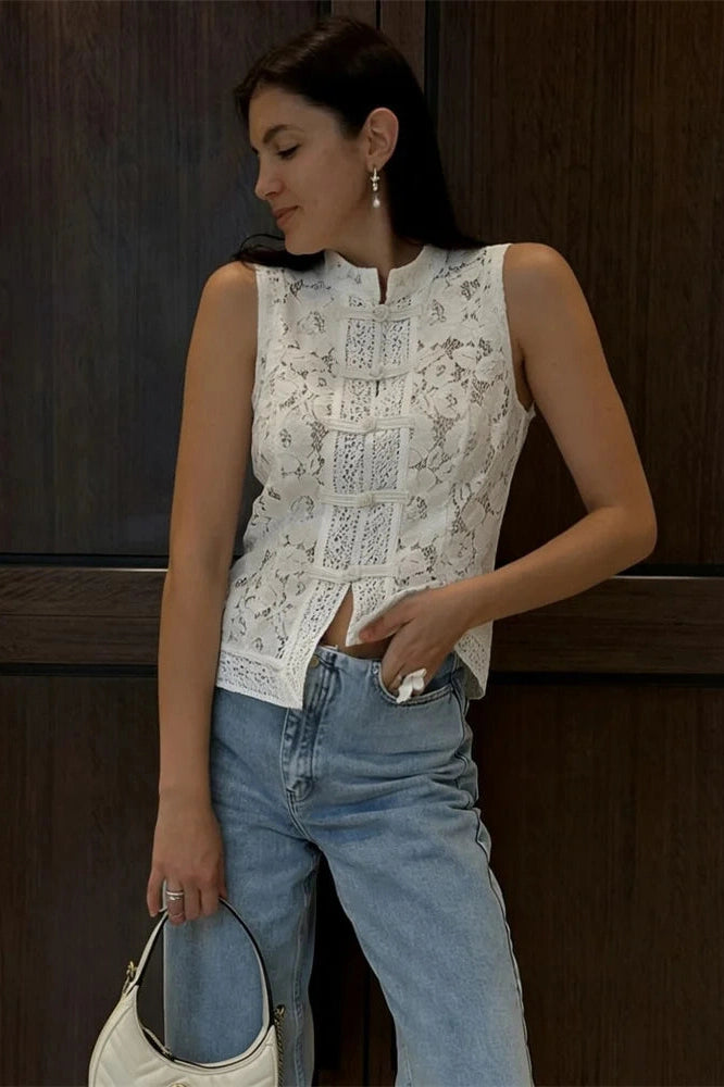 Glorol - Hollow Out Lace Sleeveless Printed Patchwork Top