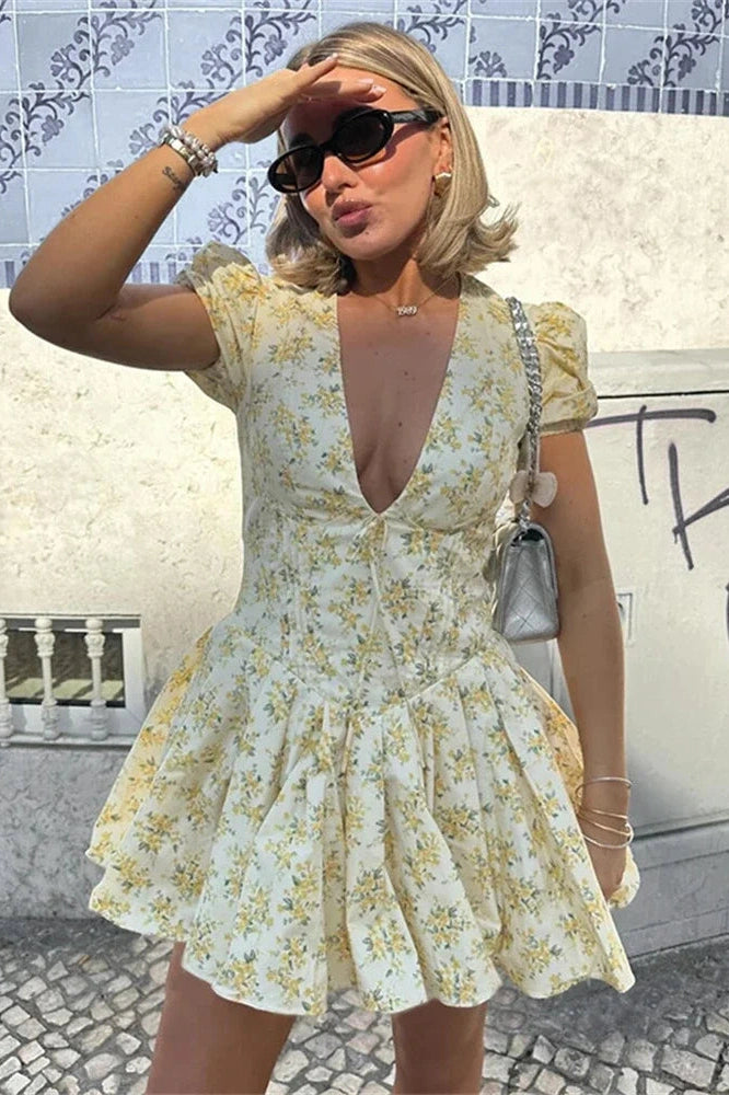 Glorol - Deep V Neck A-Line High Waist Pleated Printed Mini Dress