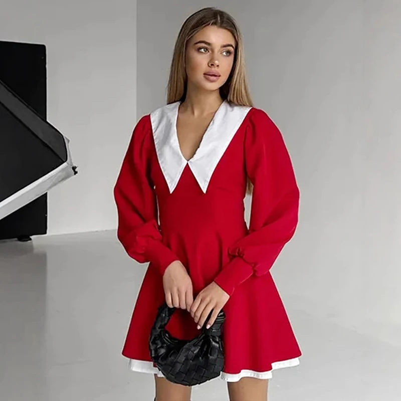 Glorol - Lantern Sleeve High Waist A-Line Mini Dress