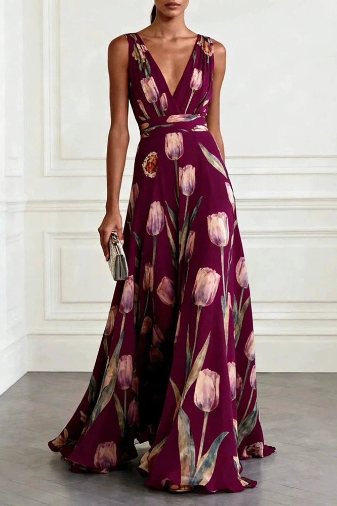 Glorol - Sleeveless Pleated Printed High Waist V-Neck Maxi Dress