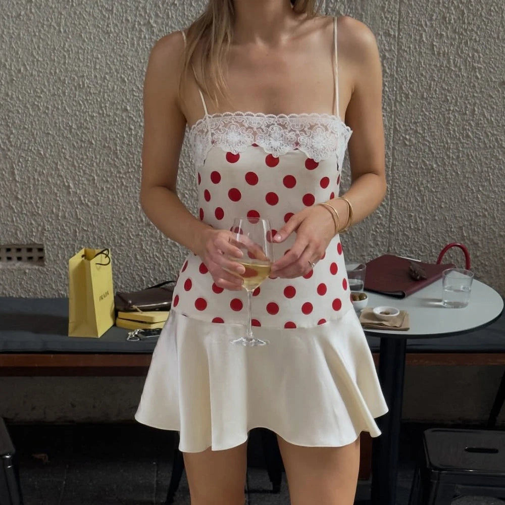 Glorol - Lace Polka Dot Patchwork Backless Mini Dress