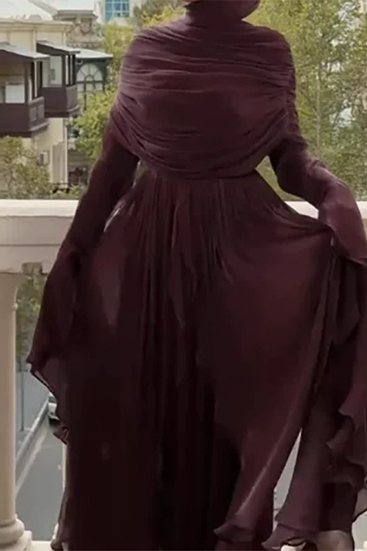 Glorol - Elegant O-Neck High Waist Pleated Irregular Maxi Dress