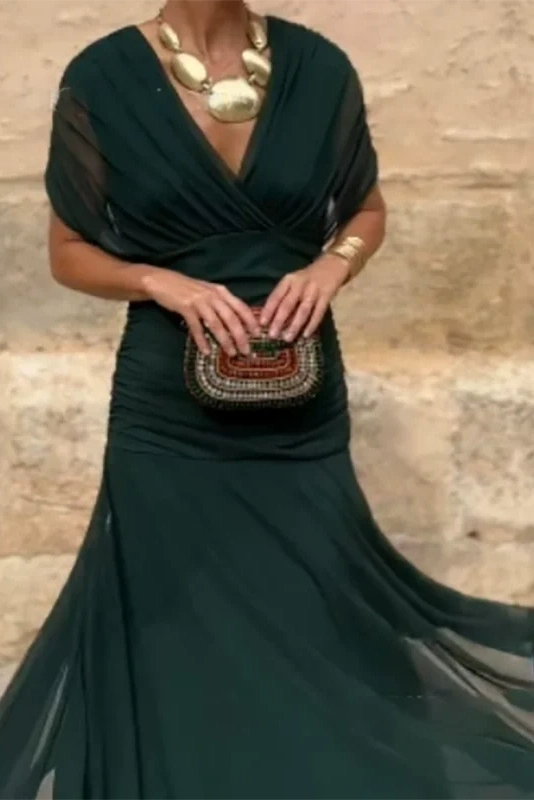 Glorol - Printed Shawl Sleeve High Waist Pleated V-Neck Off Shoulder Maxi Dress