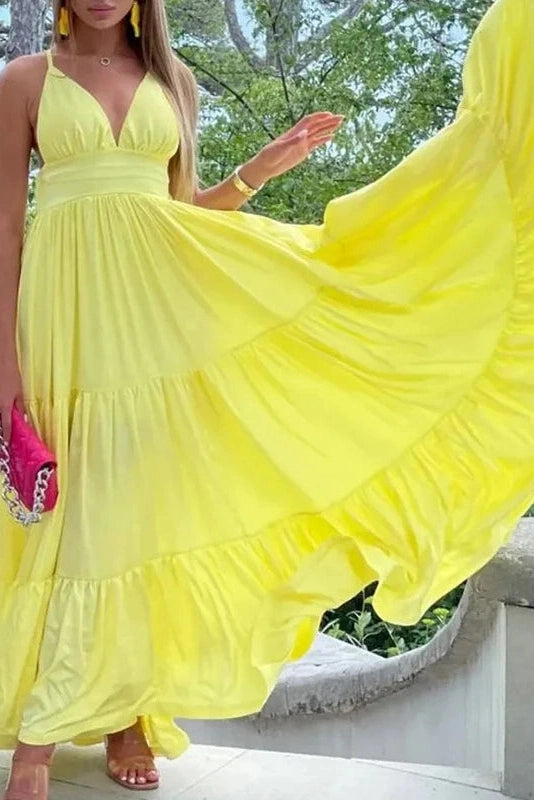 Glorol - Pleated V-Neck Sleeveless High Waist Maxi Dress