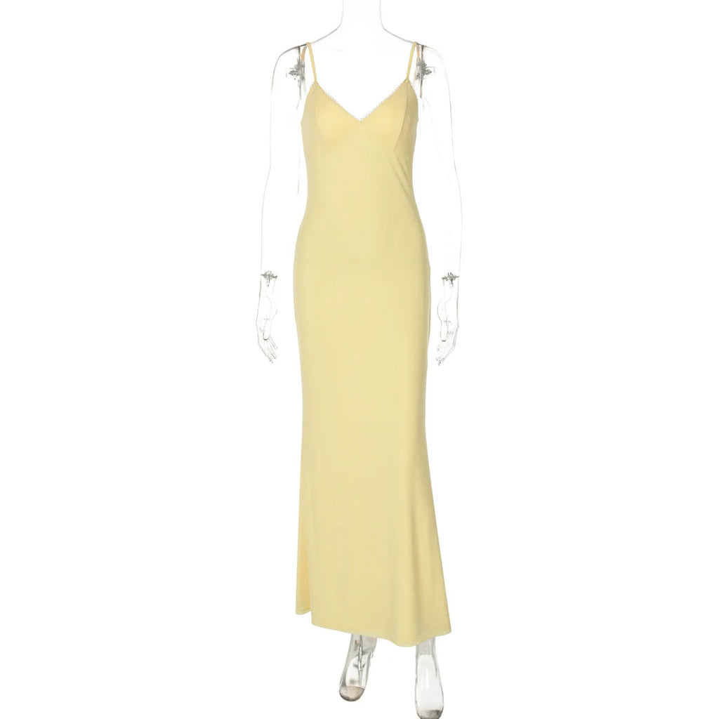 Spaghetti Strap V Neck Backless Slim Maxi Dress