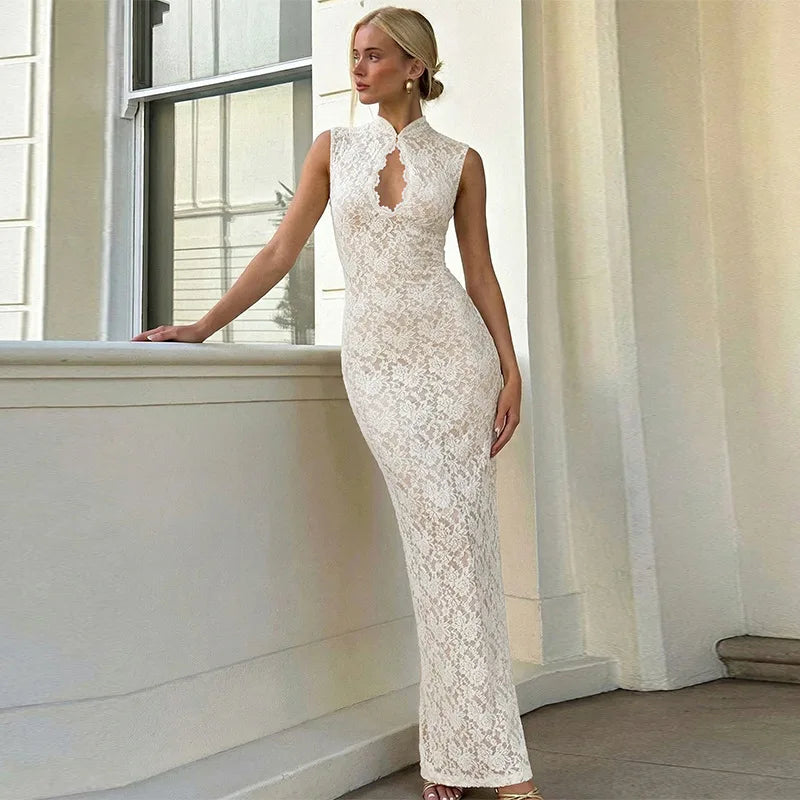 Glorol - Hollow Lace Sleeveless Slit High Waist Maxi Dress