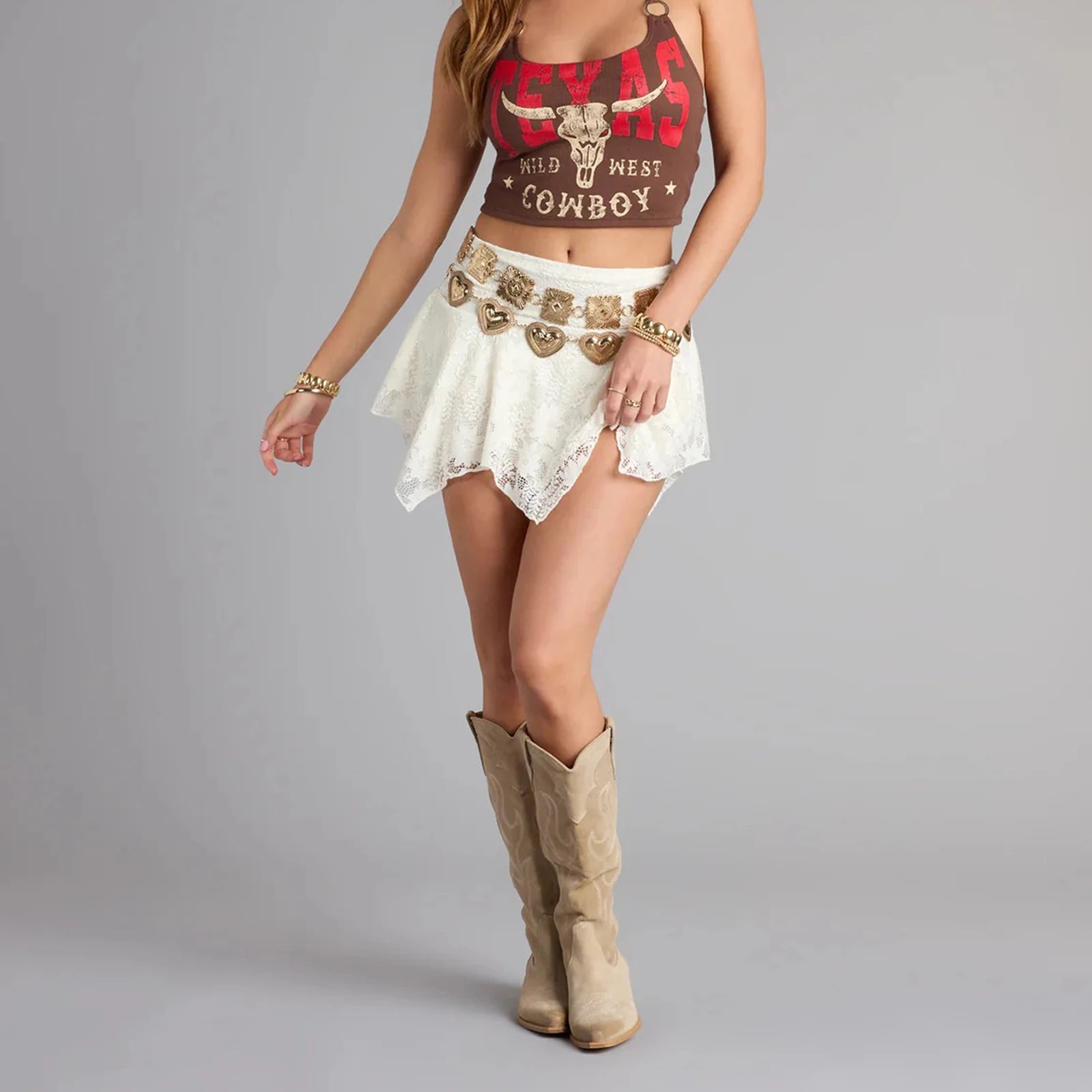Glorol - Smocked High Waisted Lace Skirt