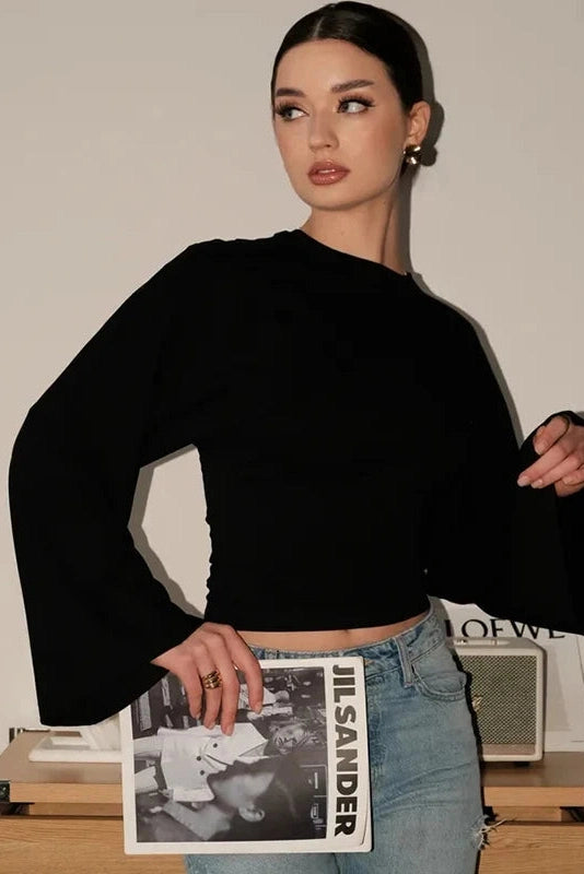 Glorol - Lace Slim Round-Neck Long-Sleeve Top