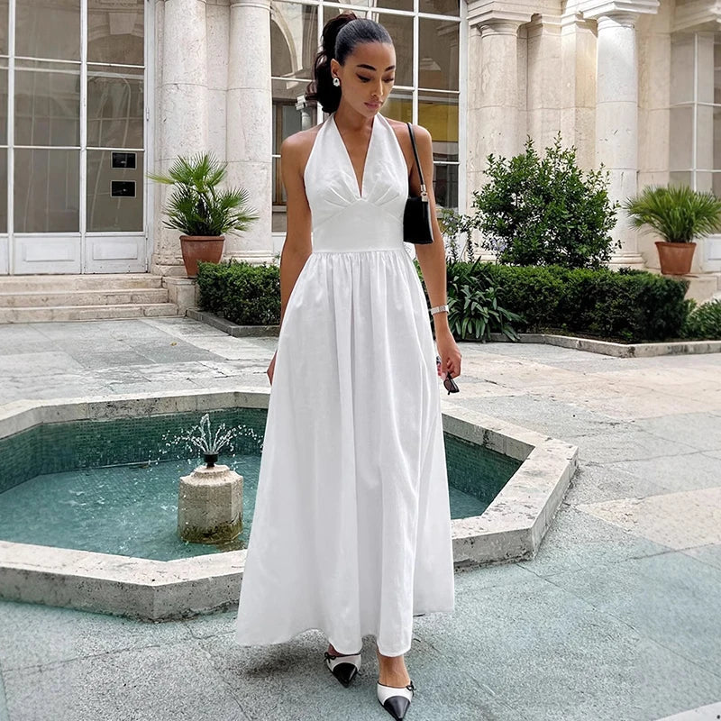 V Neck High Waist A-Line Maxi Dress