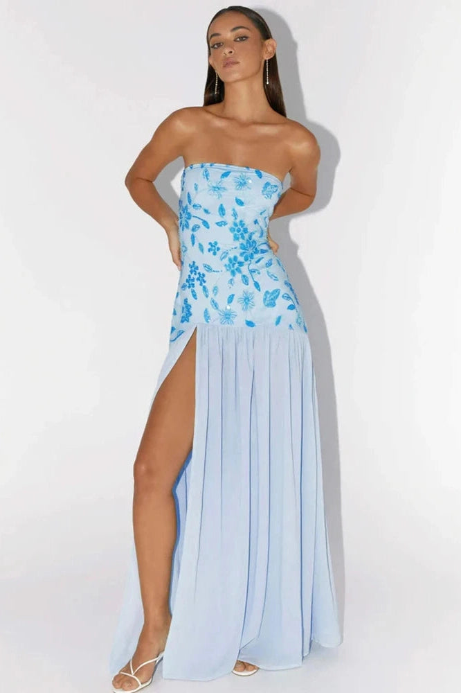 Glorol - Off-Shoulder Split Print Strapless Backless Pleated Maxi Dress
