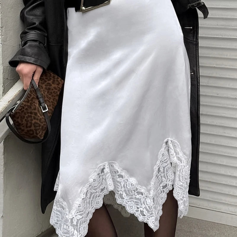 Glorol - High Waist Irregular Lace Splice Skirt