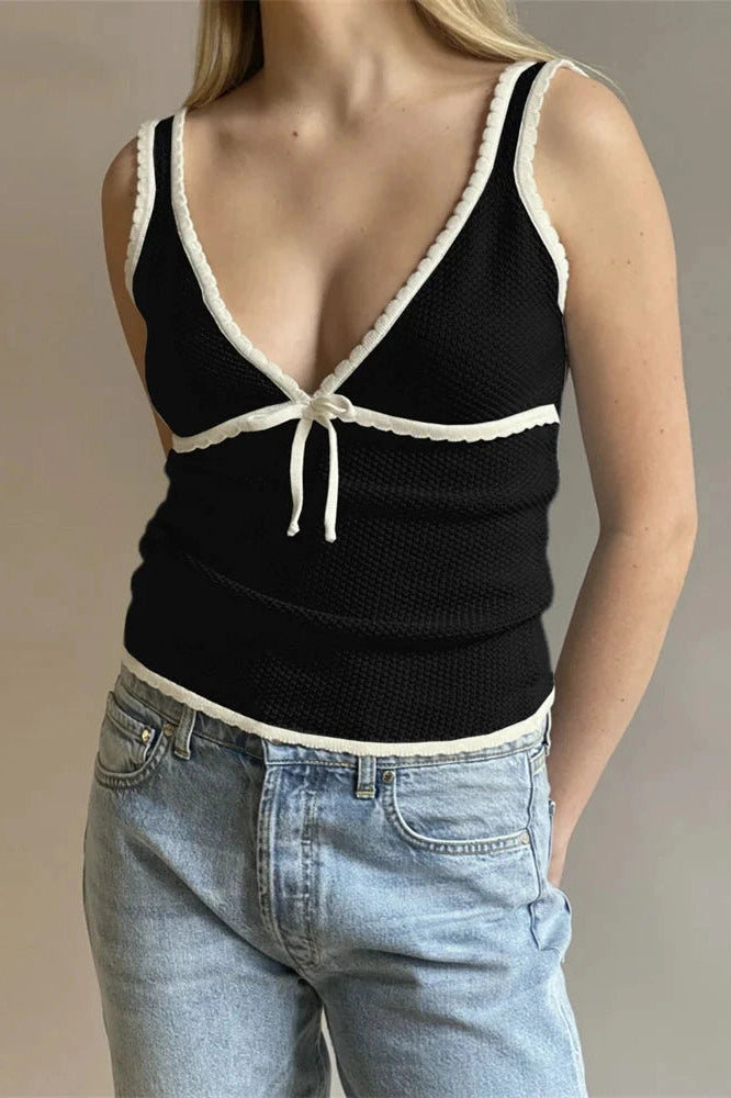 Glorol - Lace-Up Backless V-Neck Slim Top