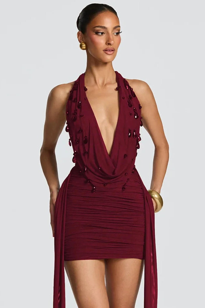 Glorol - Deep V Neck Backless Off-Shoulder Mini Dress