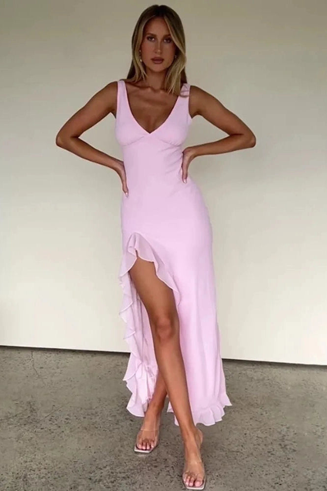 Glorol - Elegant Sleeveless Deep V Neck Backless High Split Maxi Dress