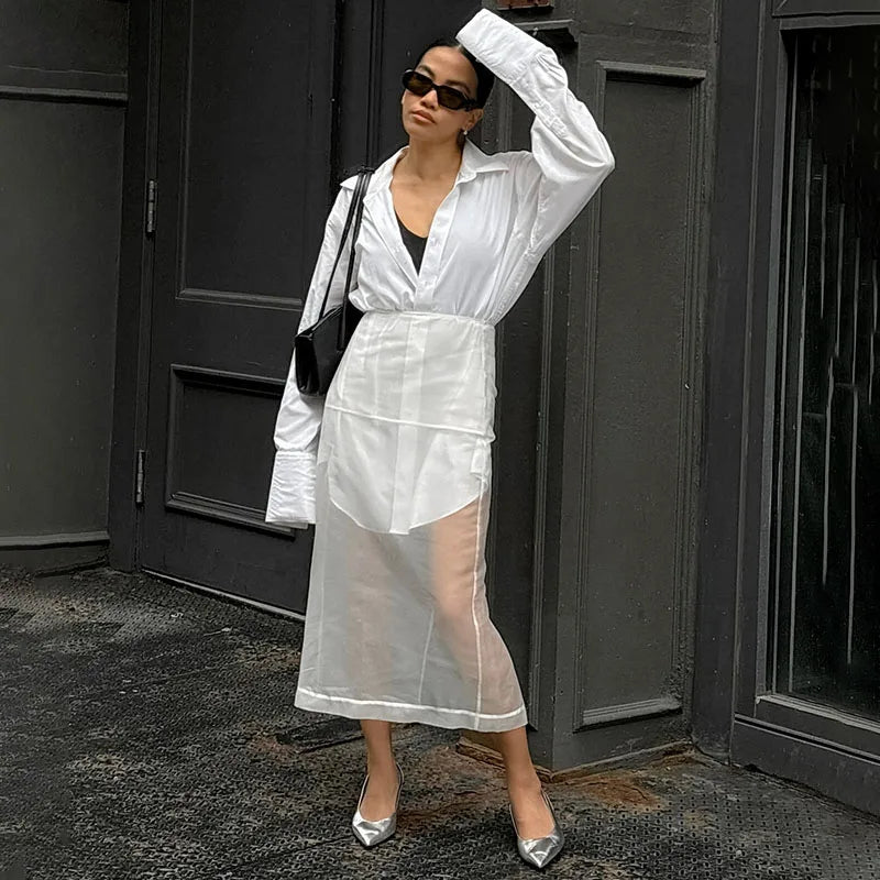 Glorol - High Waist See Through Mesh Split Skirt