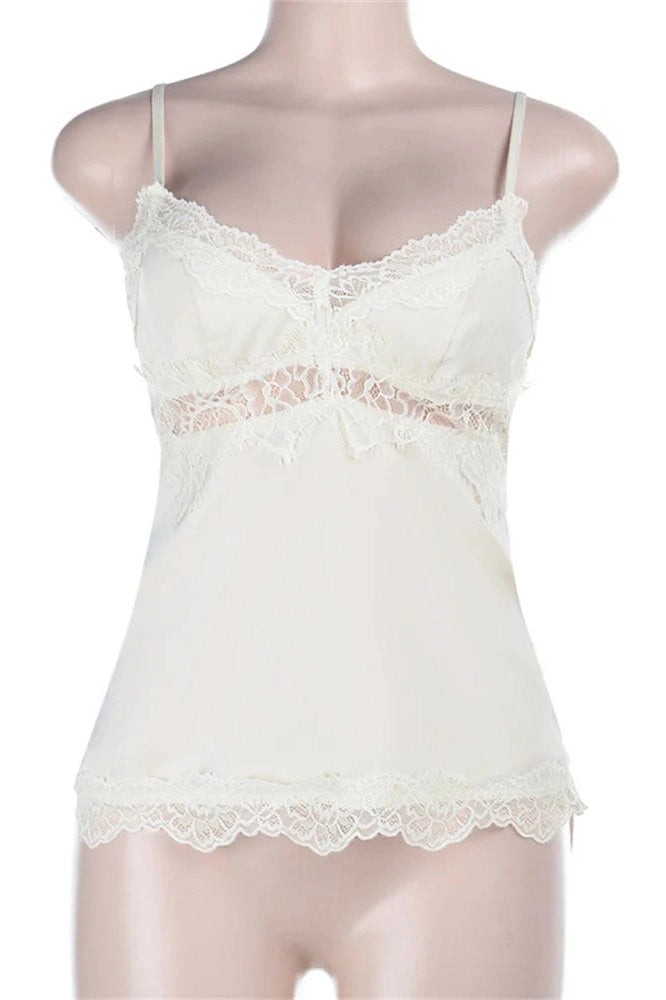 Glorol - Lace Hollow Out Patchwork Backless V-Neck Top