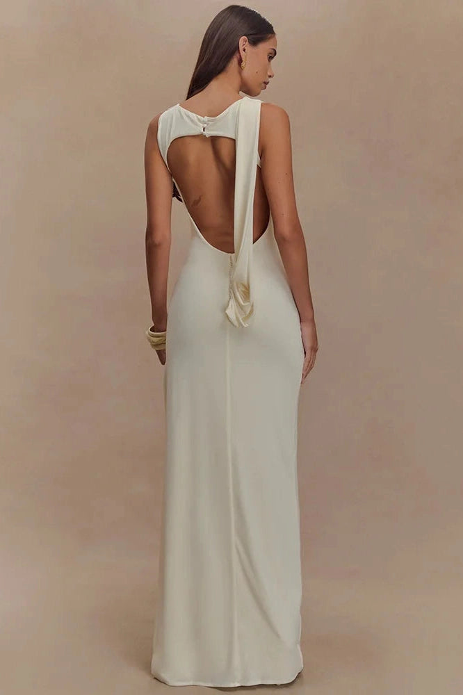 Glorol - Backless O Neck High Split Bodycon Maxi Dress
