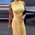 Glorol - Pleated Sleeveless High Slit Maxi Dress