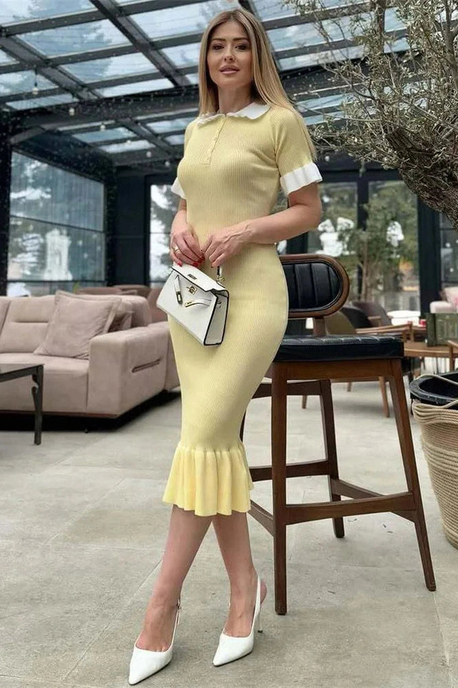 Glorol - Short Sleeve Slim High Waist Midi Dress