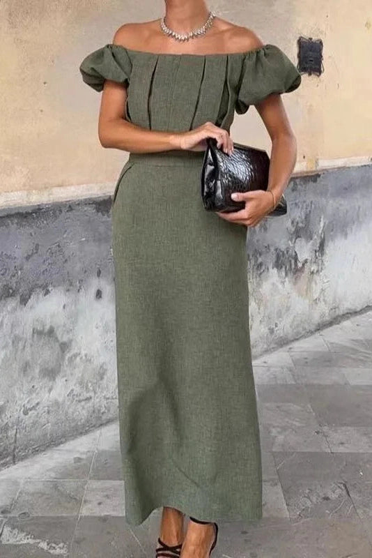 Glorol - Elegant Slim High Waist Off-Shoulder Puff Sleeve Maxi Dress