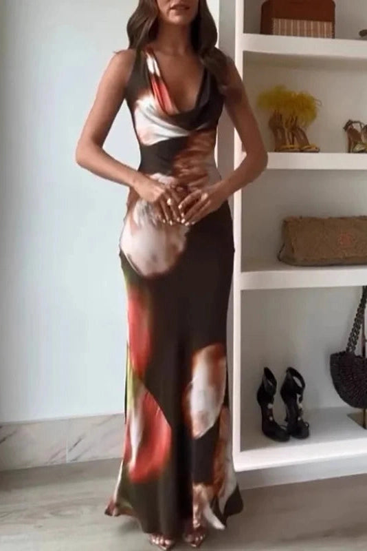Glorol - Elegant High Waist Printed Sleeveless Backless Bodycon Maxi Dress