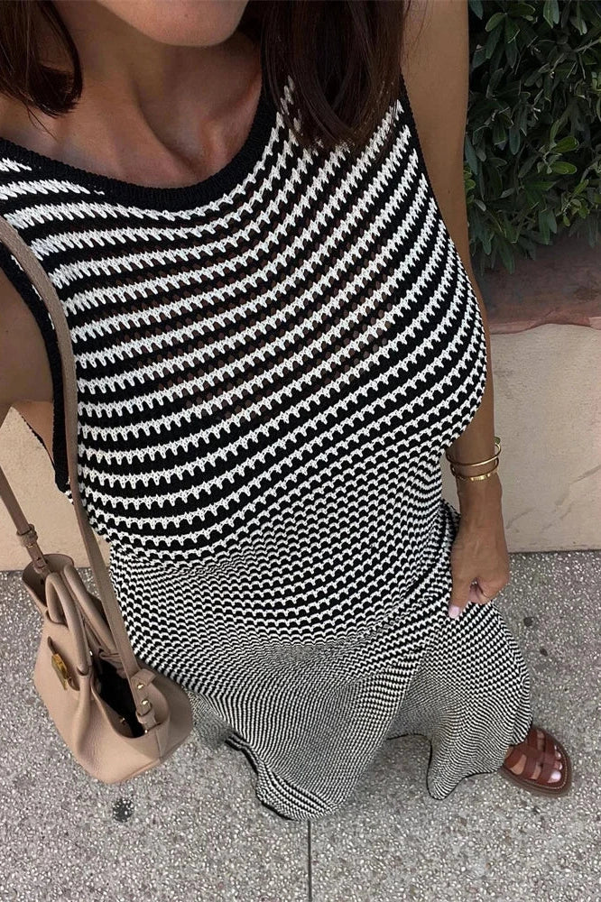 Glorol - Hollow Out Striped Sleeveless Slim High Waist Maxi Dress