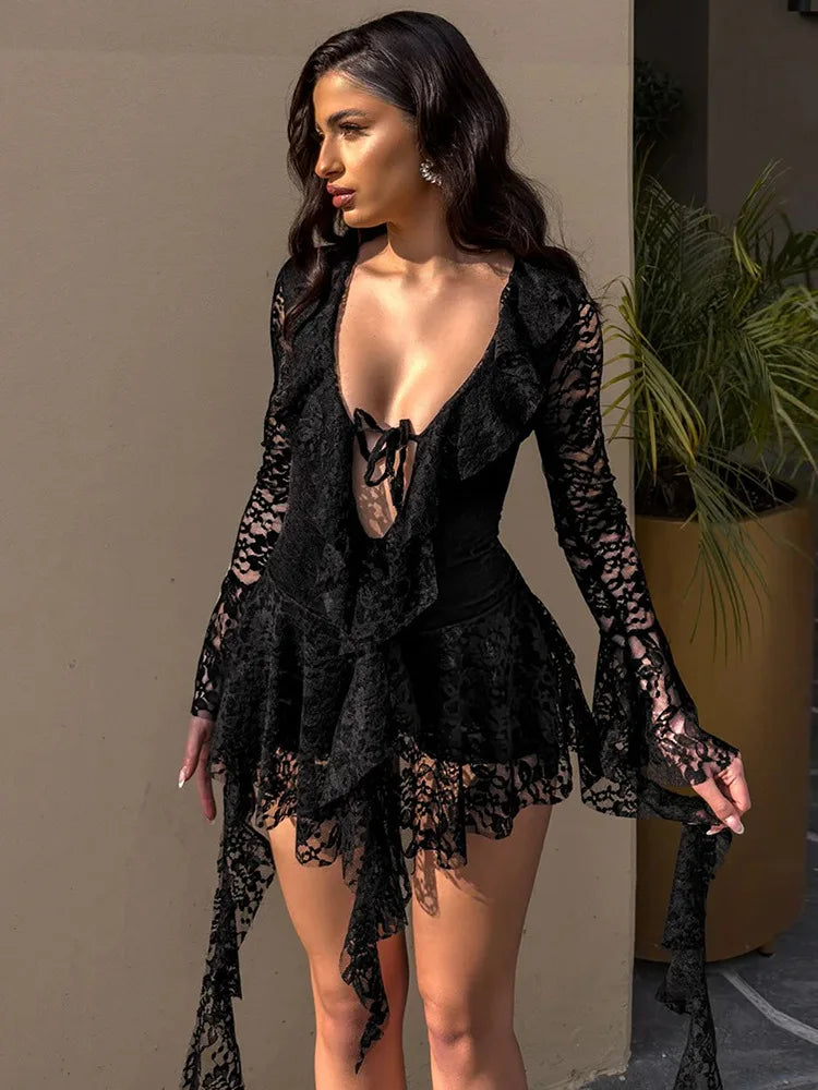 Glorol - See-Through Lace Long Sleeve V-Neck Mini Dress