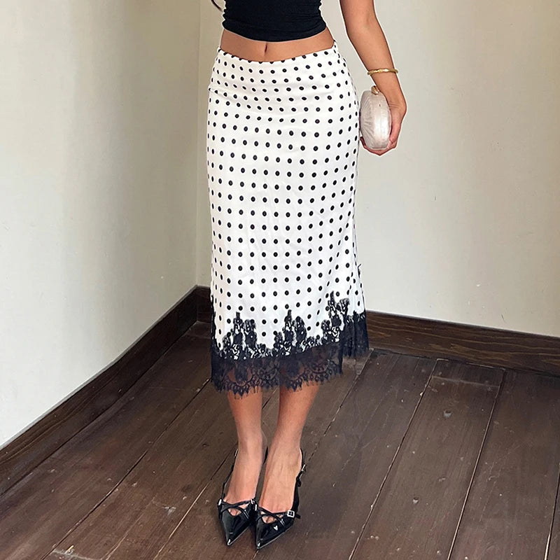 Glorol - High Waist Polka Lace Splice Skirt