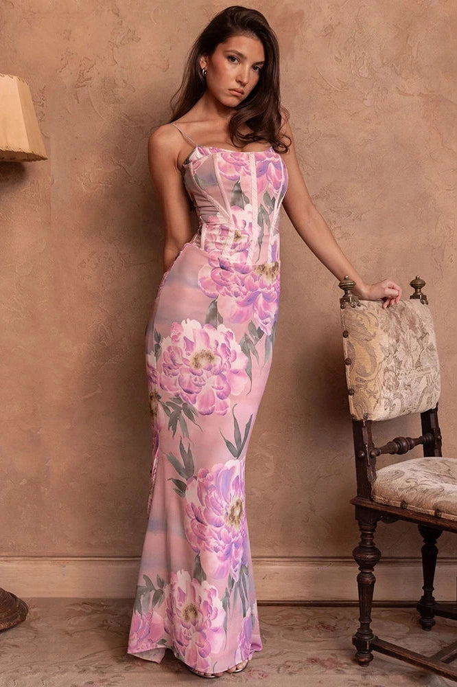 Glorol - Floral Spaghetti Strap Sleeveless Backless Maxi Dress