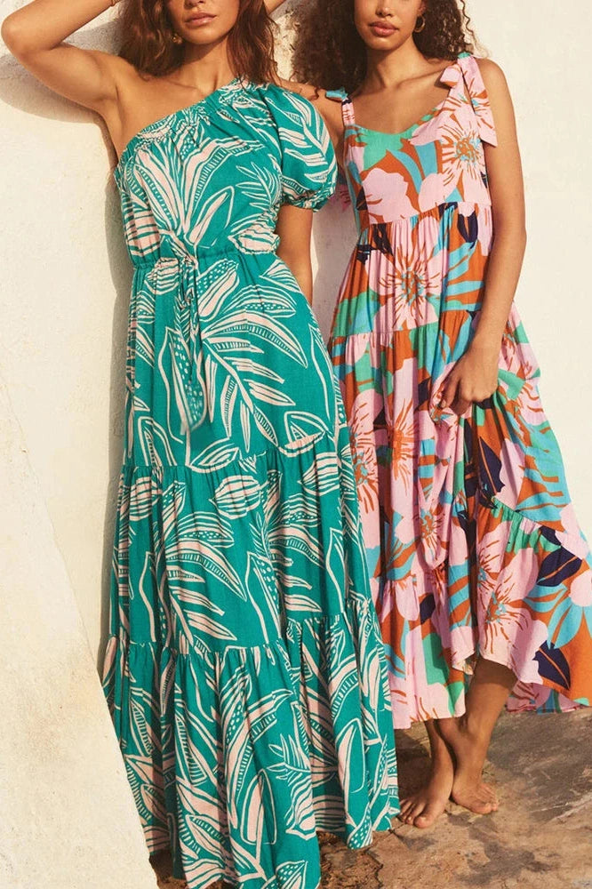 Glorol - Printed High Waist Pleated One-Shoulder Sleeve Maxi Dress