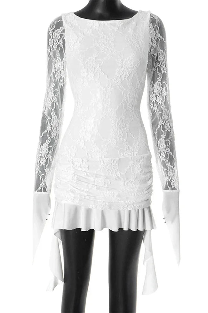Glorol - Lace Printed See-Through Patchwork Bodycon Mini Dress